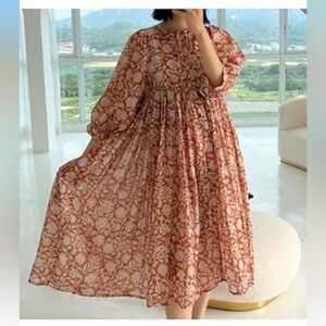 Boho Rust Orange 3/4 sleeve Flowy Midi Dress